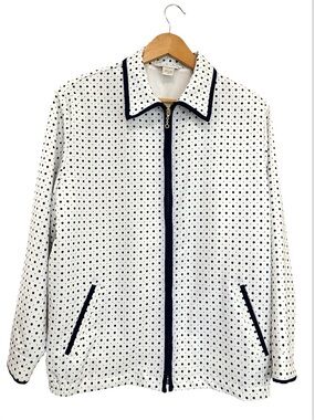 Allison Daley White Zip Up Jacket with Navy Polka Dots